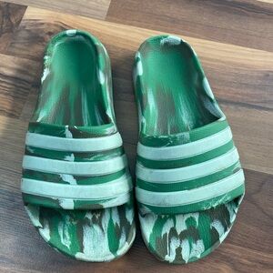 Green and White Adidas’s kids Slide Sandals size 13 kids